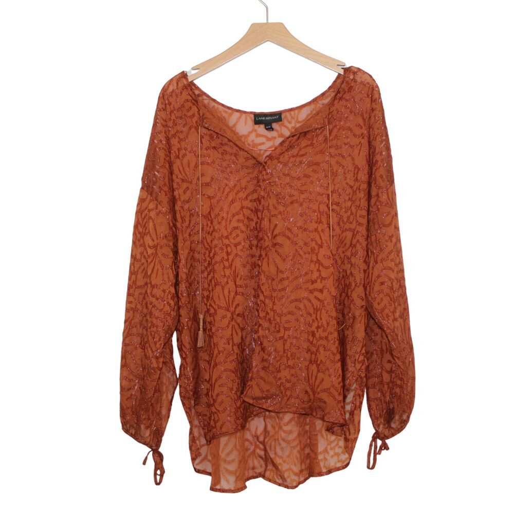 Lane Bryant women's blouse size 18/20 orange sheer embroidered bubble sleeve
